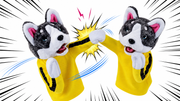 Two playful action poses of the POWPAW punching husky toy