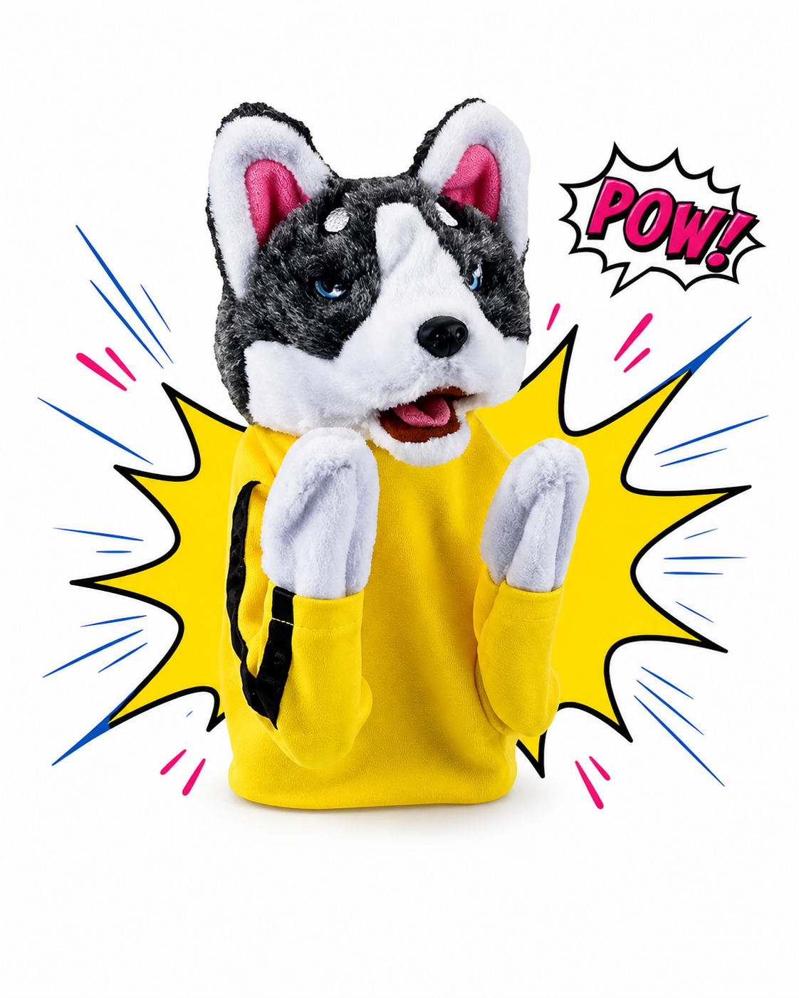 POWPAW grey and white punching husky toy in a yellow martial arts suit