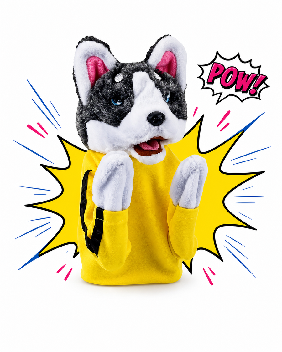 POWPAW grey and white punching husky toy in a yellow martial arts suit
