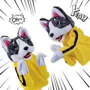 Two action poses of the grey and white punching husky toy in yellow